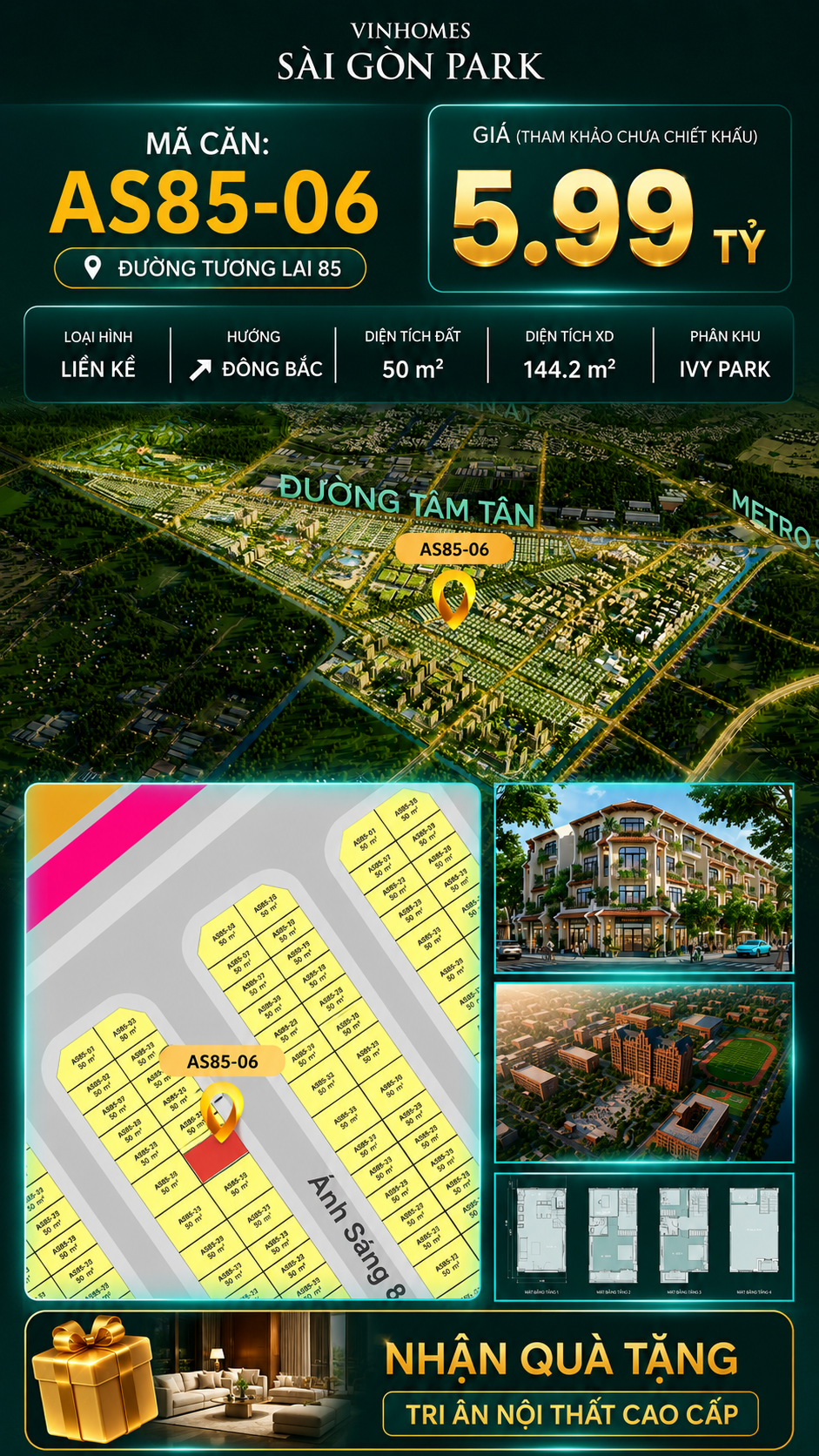 Nhà phố AS85-06 Ivy Park Vinhomes Sài Gòn Park Giá 5.99 Tỷ 50m²