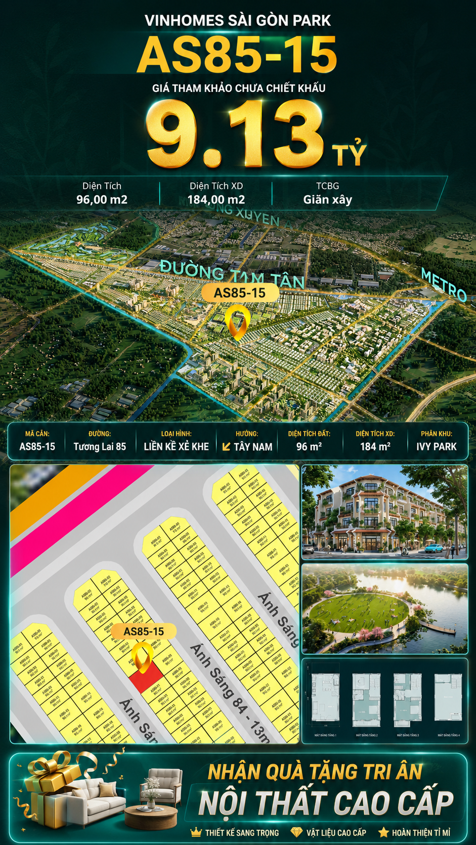 Nhà phố xẻ khe AS85-15 Ivy Park Vinhomes Sài Gòn Park Giá 9.13 Tỷ