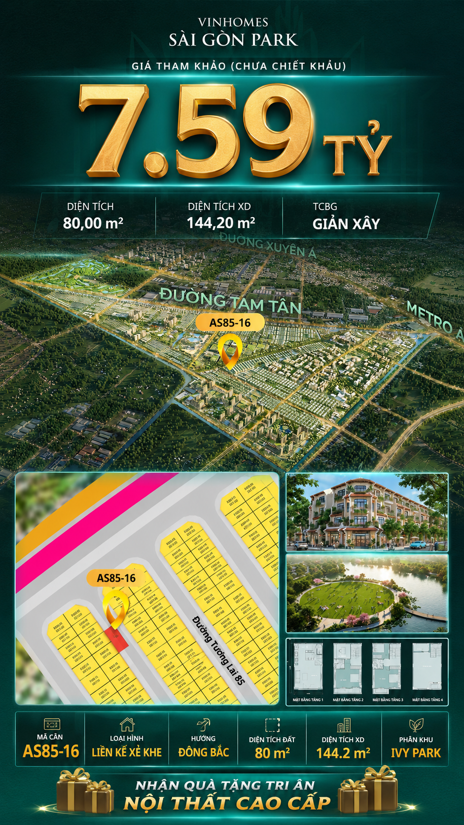 Nhà phố AS85-16 Ivy Park Vinhomes Sài Gòn Park Giá 7.59 Tỷ 80m²