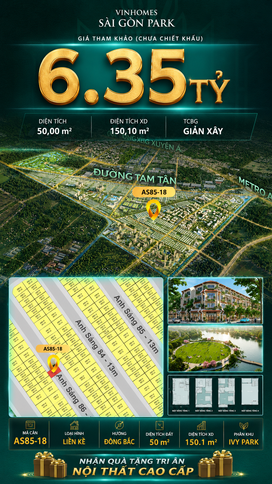 Nhà phố AS85-18 Ivy Park Vinhomes Sài Gòn Park Giá 6.35 Tỷ 50m²