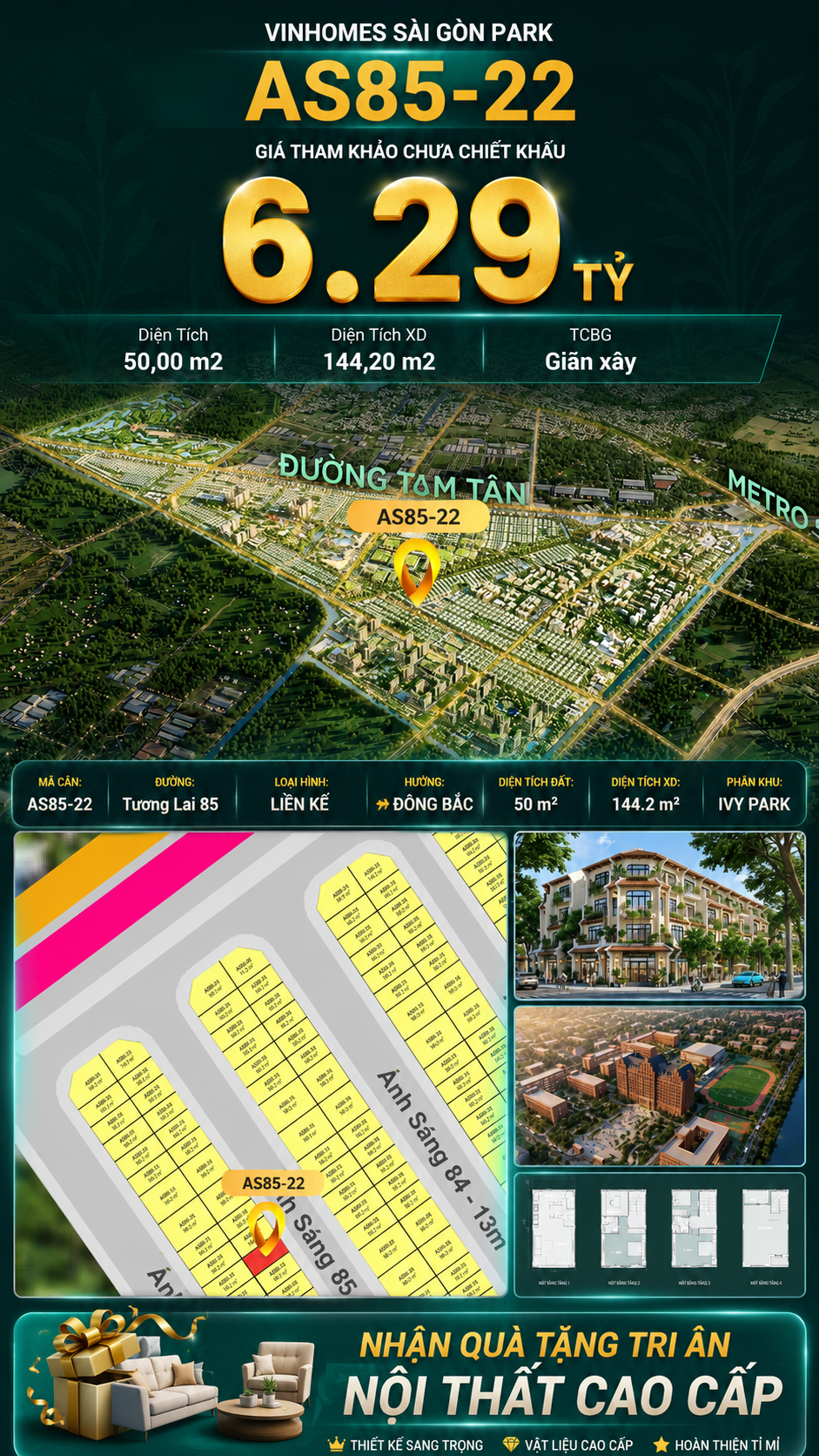 Nhà phố AS85-22 Ivy Park Vinhomes Sài Gòn Park Giá 6.29 Tỷ 50m²