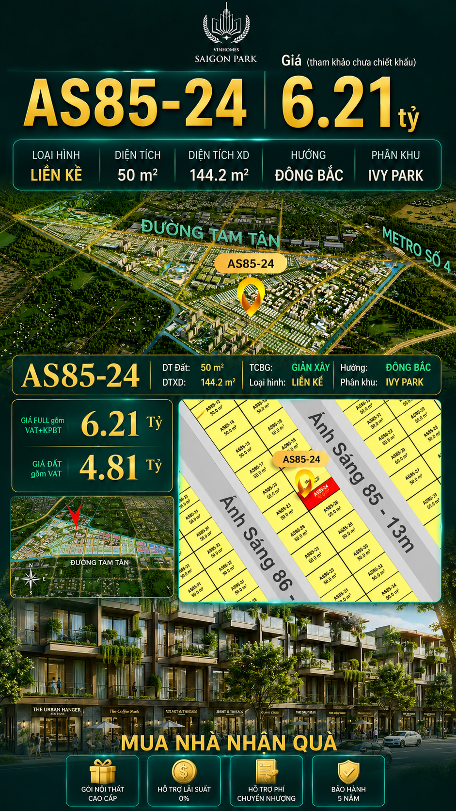 Nhà phố Vinhomes Sài Gòn Park AS85-24 giá 6.21 tỷ