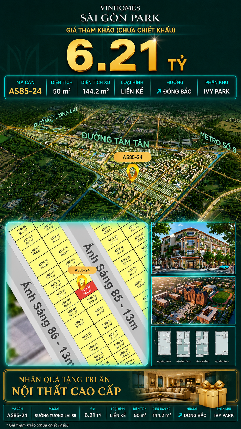 Nhà phố AS85-24 Ivy Park Vinhomes Sài Gòn Park Giá 6.21 Tỷ 50m²