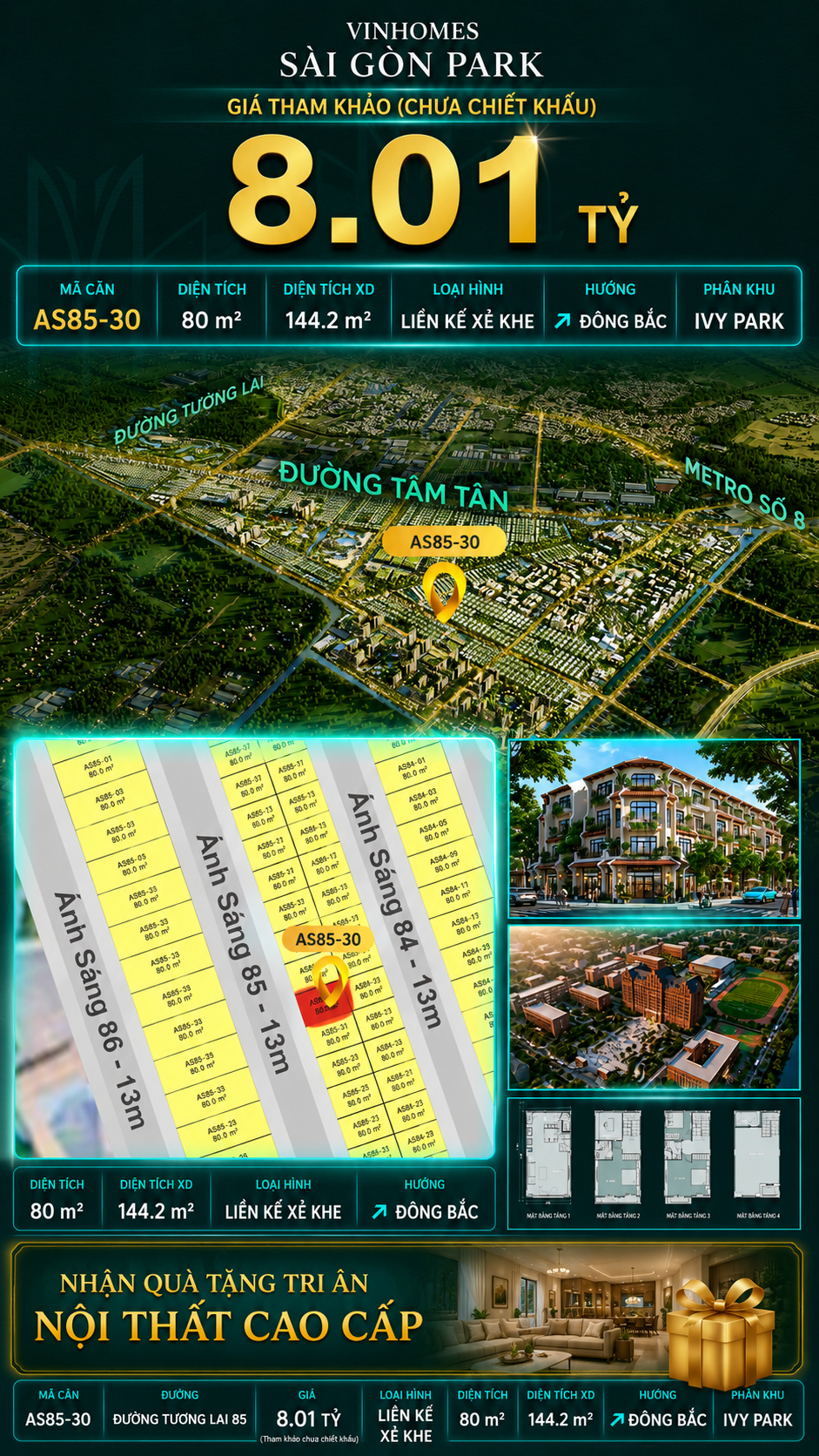 Nhà phố xẻ khe AS85-30 Ivy Park Vinhomes Sài Gòn Park Giá 8.01 Tỷ