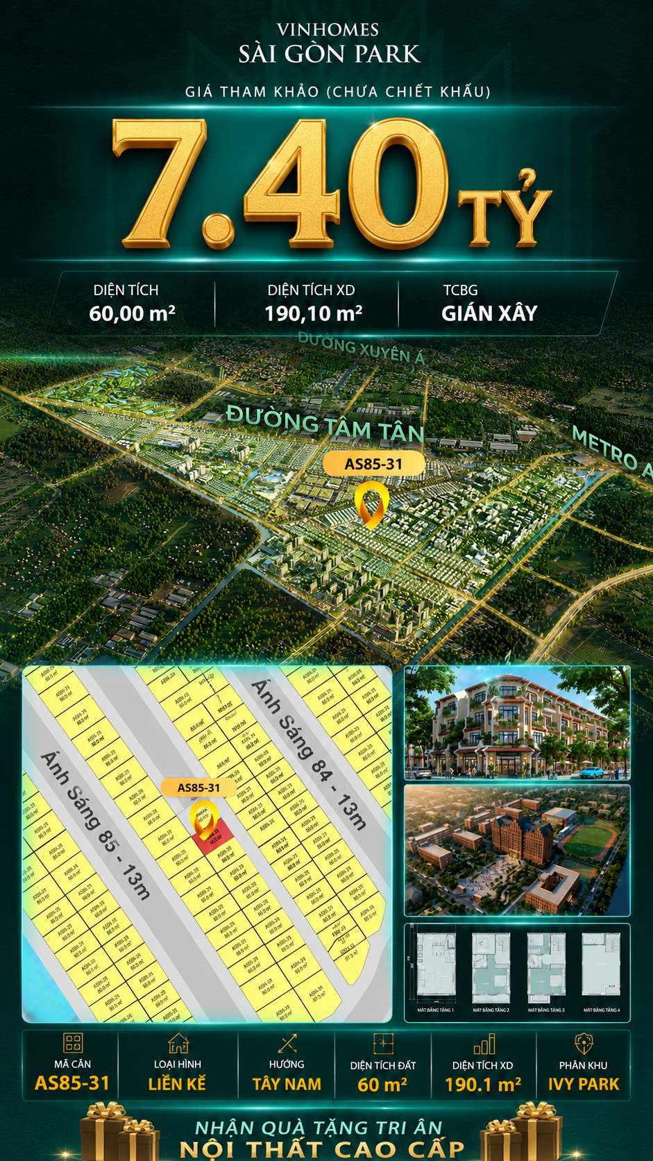 Nhà phố AS85-31 Ivy Park Vinhomes Sài Gòn Park Giá 7.40 Tỷ 60m²
