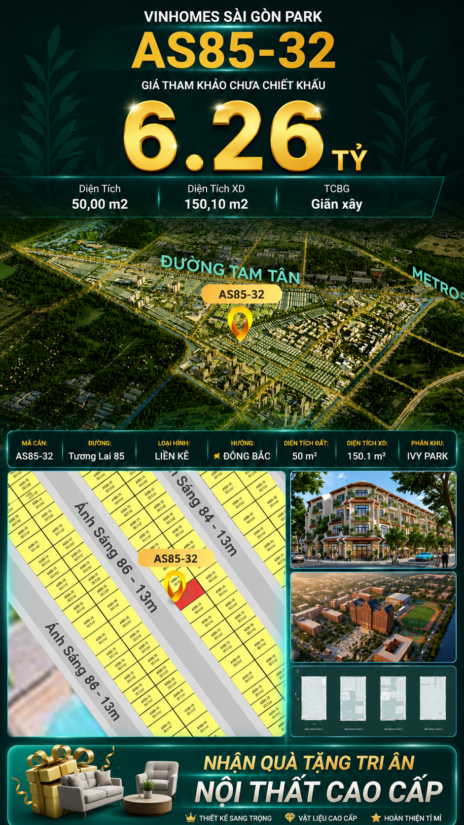 Nhà phố AS85-32 Ivy Park Vinhomes Sài Gòn Park Giá 6.26 Tỷ 50m²