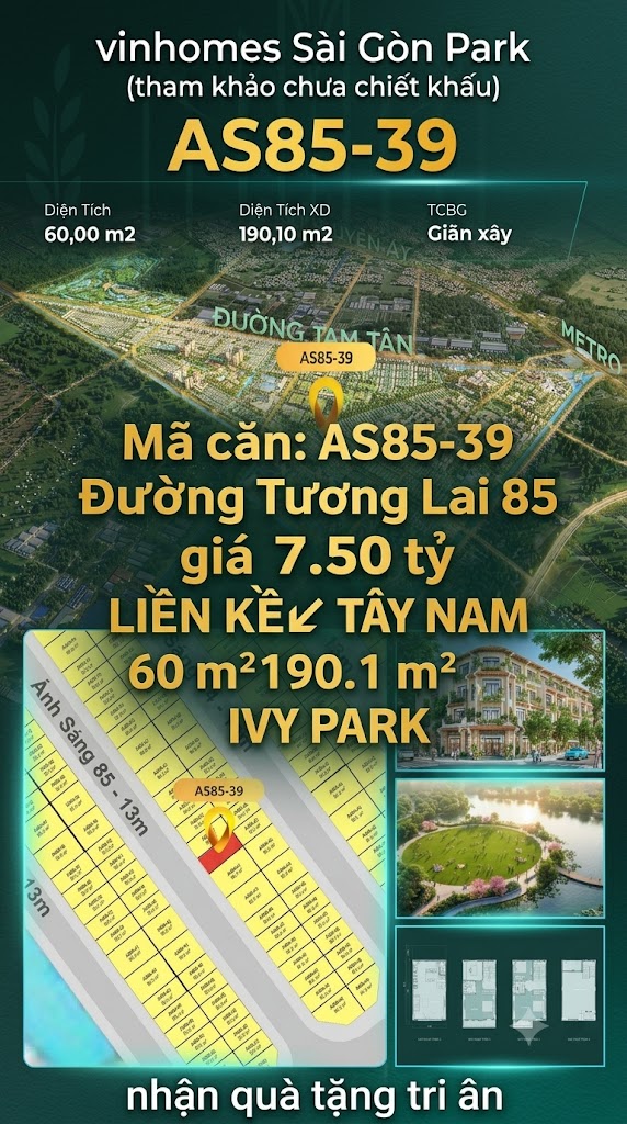 Nhà phố AS85-39 Ivy Park Vinhomes Sài Gòn Park Giá 7.50 Tỷ 60m²