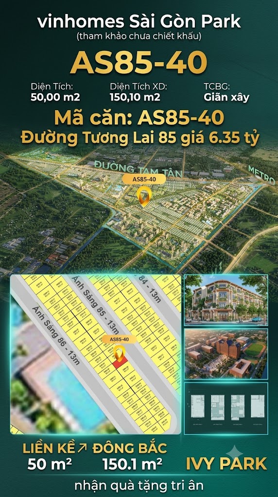 Nhà phố AS85-40 Ivy Park Vinhomes Sài Gòn Park Giá 6.35 Tỷ 50m²