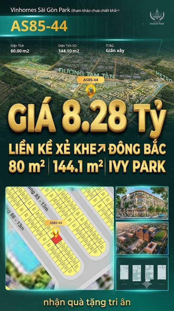 Nhà phố xẻ khe AS85-44 Ivy Park Vinhomes Sài Gòn Park Giá 8.28 Tỷ