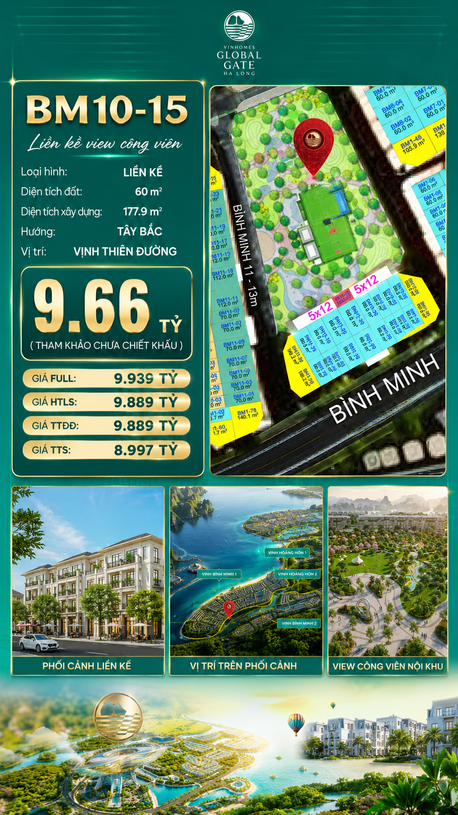 Nhà Phố Liền Kề BM10-15 Vinhomes Global Gate Hạ Long Xanh 9.66 tỷ