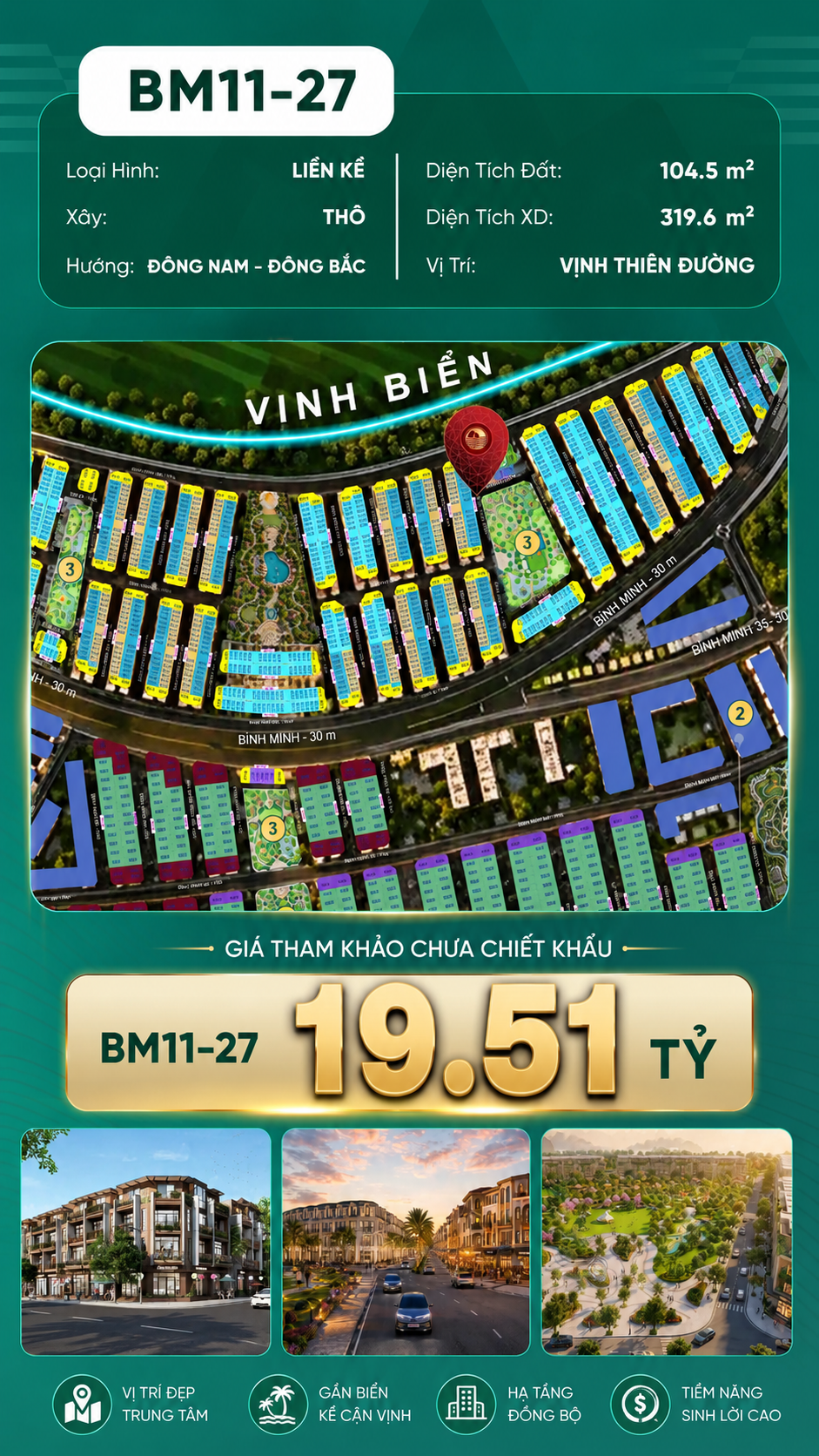 Nhà Phố Liền Kề xẻ khe BM11-27 Vinhomes Global Gate Hạ Long Xanh 19.50 tỷ