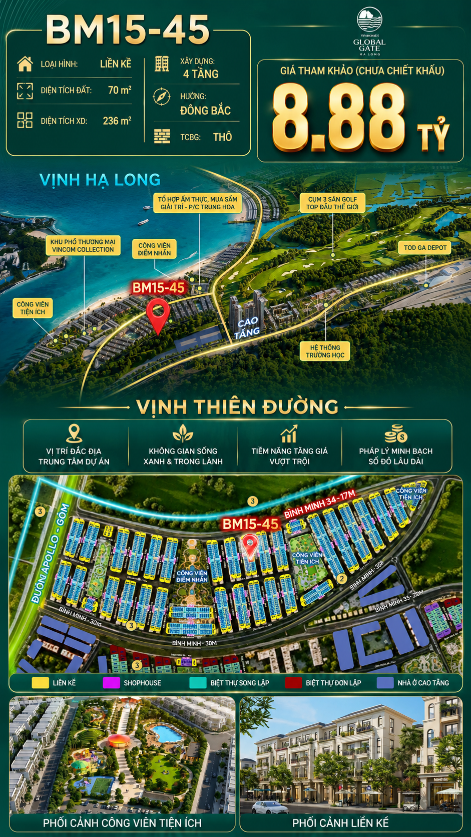 Nhà Phố Liền Kề BM15-45 Vinhomes Global Gate Hạ Long Xanh 8.88 tỷ