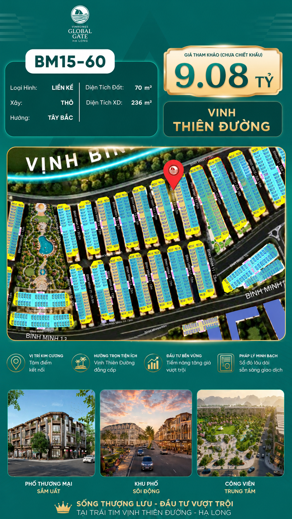 Nhà Phố Liền Kề BM15-60 Vinhomes Global Gate Hạ Long Xanh 9.08 tỷ