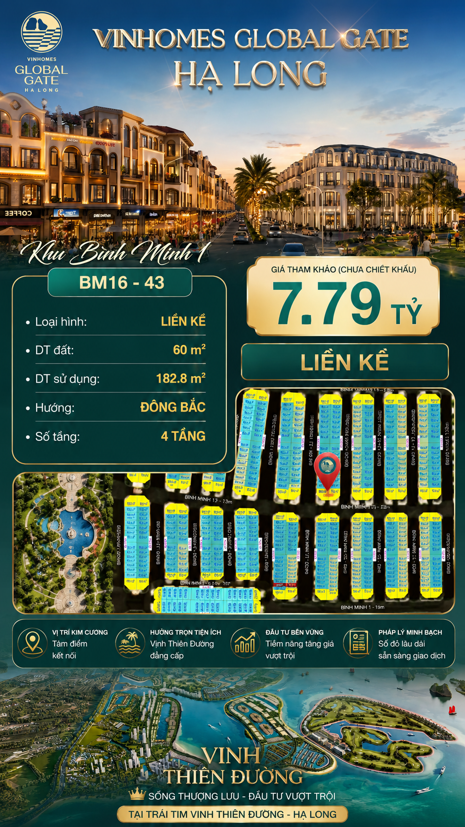 Nhà Phố Liền Kề BM16-43 Vinhomes Global Gate Hạ Long Xanh 7.79 tỷ