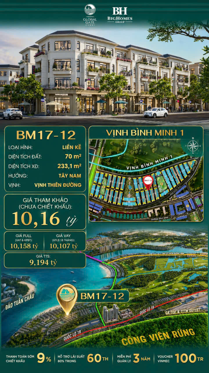 Nhà Phố Liền Kề BM17-12 Vinhomes Global Gate Hạ Long Xanh 10.16 tỷ