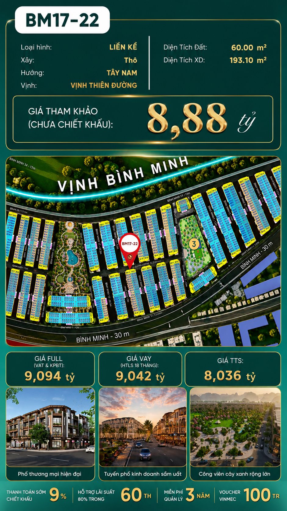 Nhà Phố Liền Kề BM17-22 Vinhomes Global Gate Hạ Long Xanh 8.88 tỷ