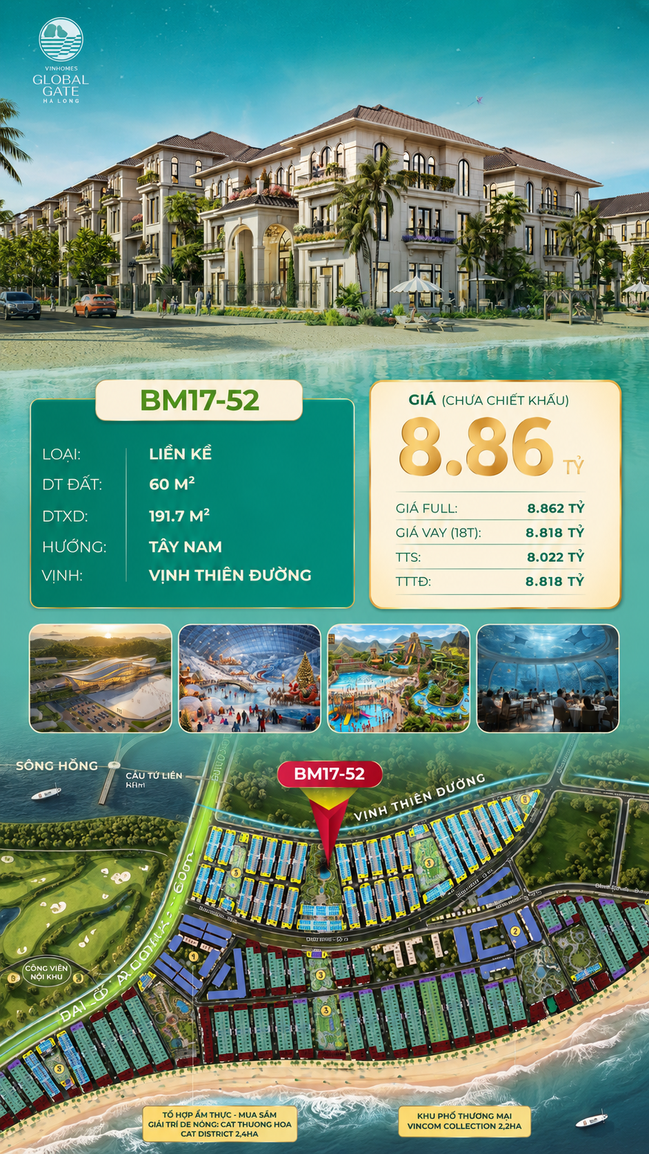 Nhà Phố Liền Kề BM17-52 Vinhomes Global Gate Hạ Long Xanh 8.86 tỷ