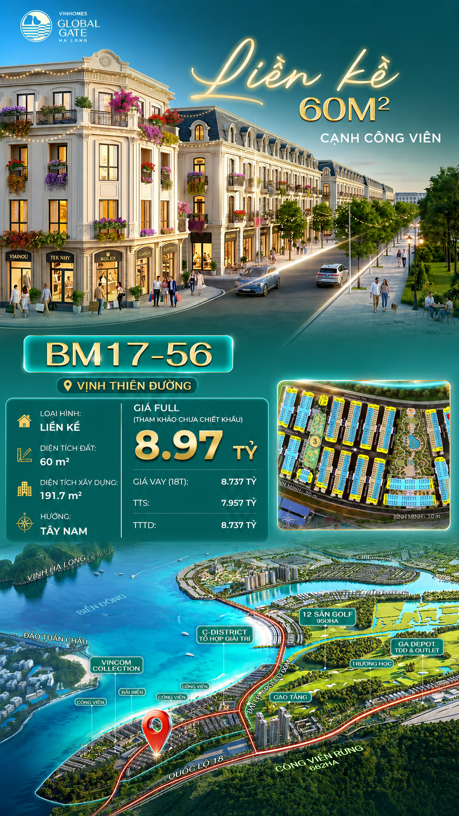 Nhà Phố Liền Kề BM17-56 Vinhomes Global Gate Hạ Long Xanh 8.97 tỷ