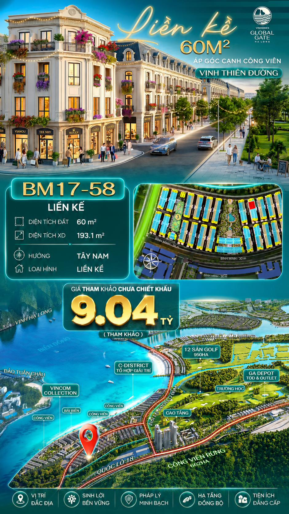 Nhà Phố Liền Kề BM17-58 Vinhomes Global Gate Hạ Long Xanh 9.04 tỷ