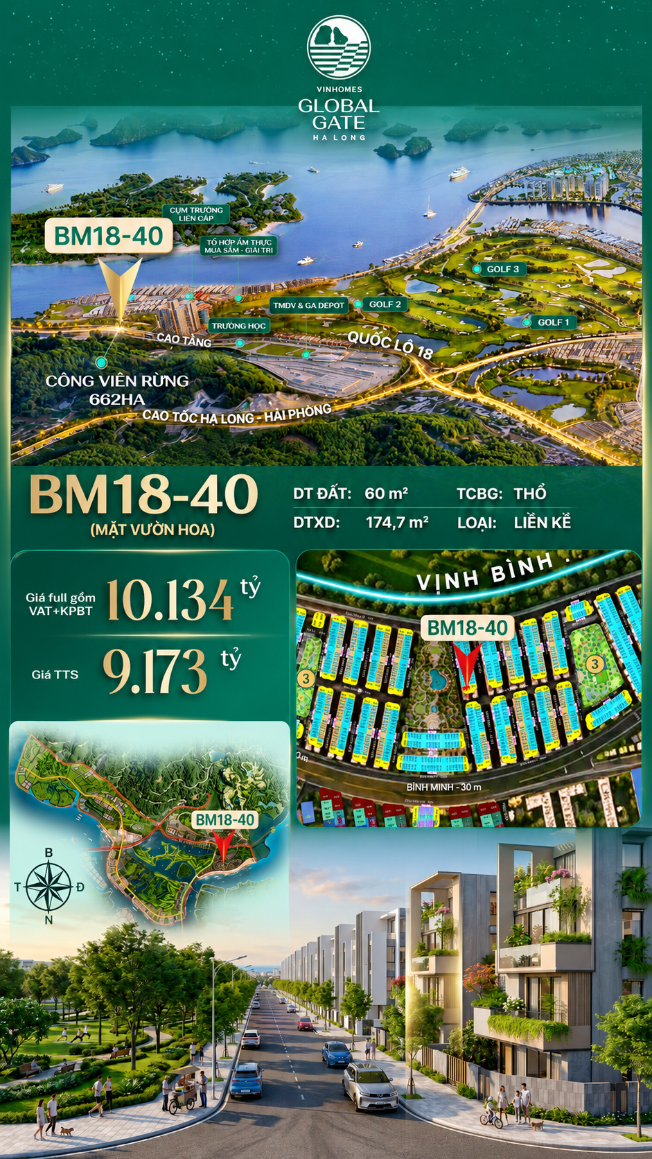 Nhà Phố Liền Kề BM18-40 Vinhomes Global Gate Hạ Long Xanh 10.13 tỷ
