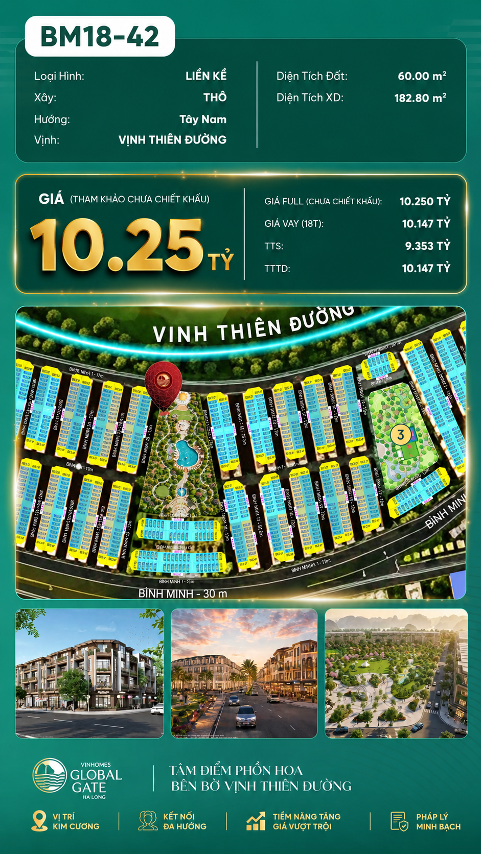Nhà Phố Liền Kề BM18-42 Vinhomes Global Gate Hạ Long Xanh 10.25 tỷ