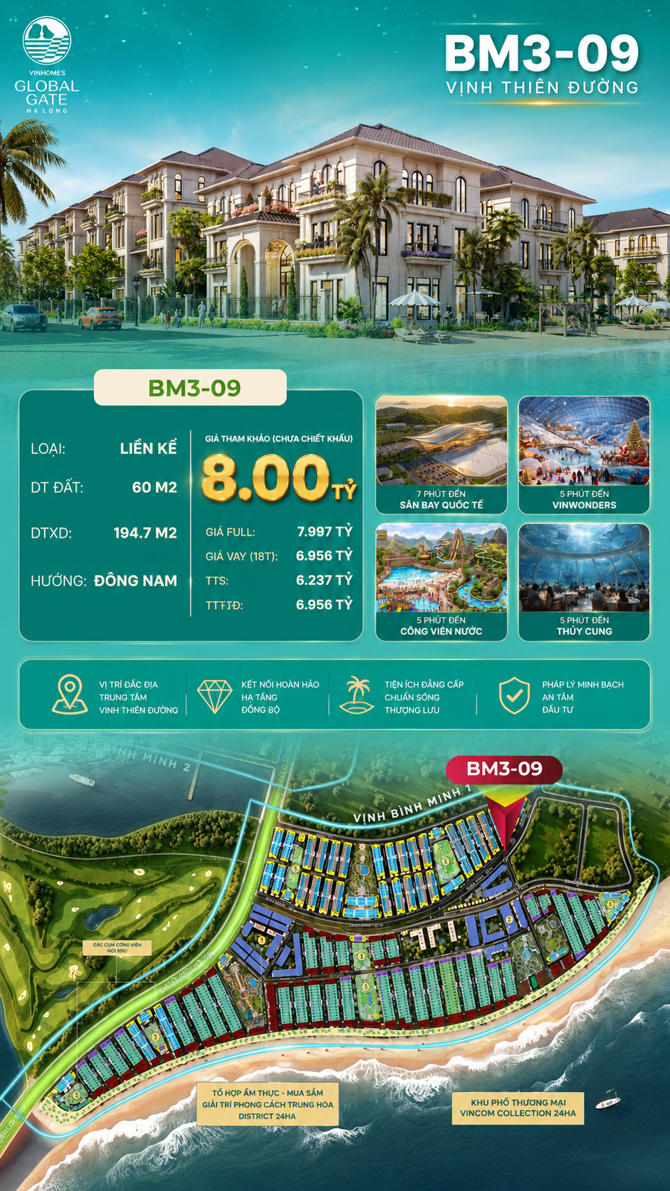 Nhà Phố Liền Kề BM3-09 Vinhomes Global Gate Hạ Long Xanh 8.00 tỷ