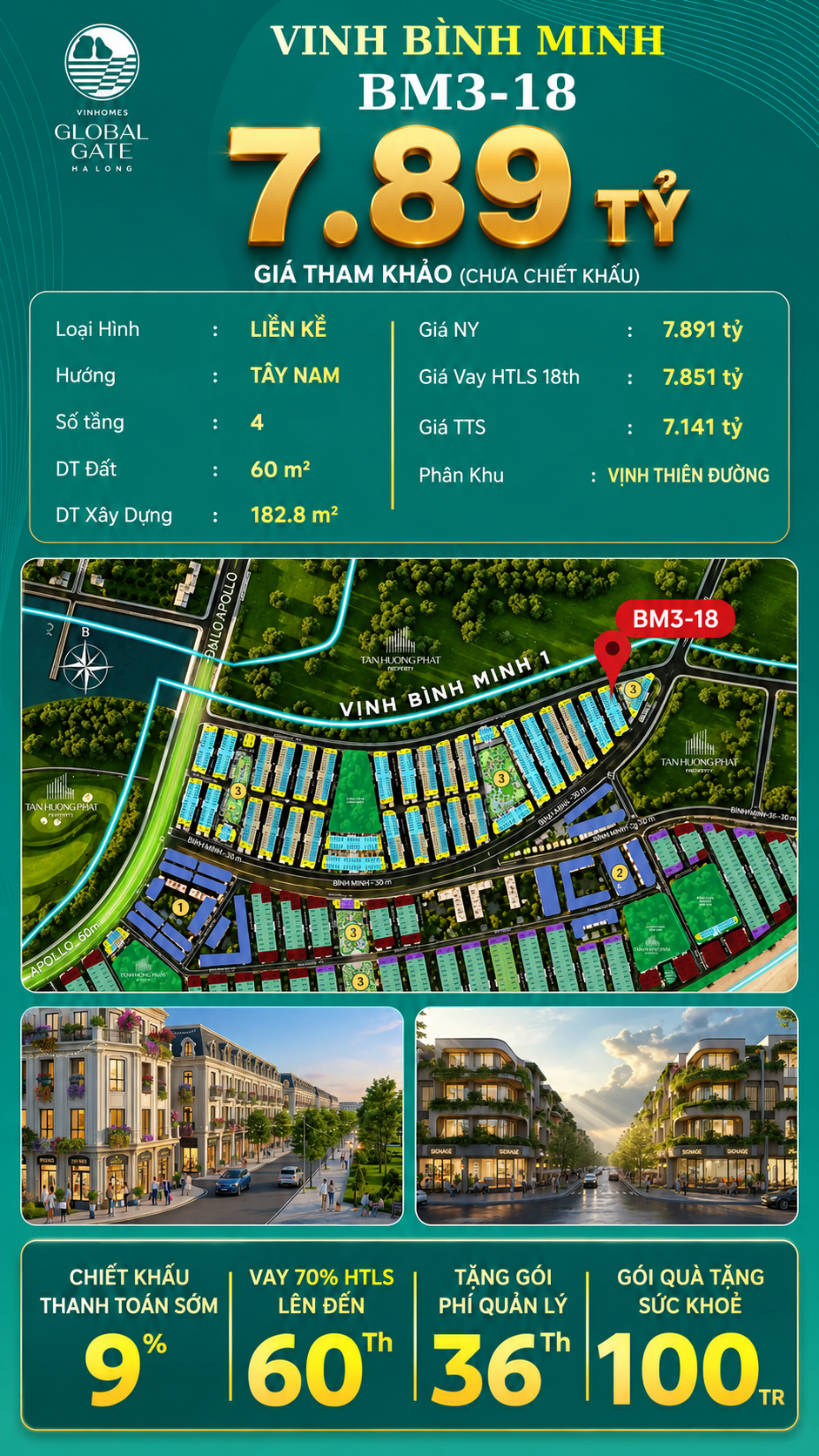 Nhà Phố Liền Kề BM3-18 Vinhomes Global Gate Hạ Long Xanh 7.89 tỷ