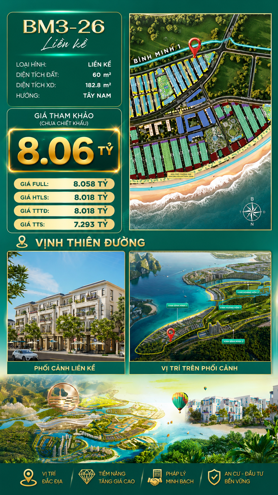 Nhà Phố Liền Kề BM3-26 Vinhomes Global Gate Hạ Long Xanh 8.06 tỷ
