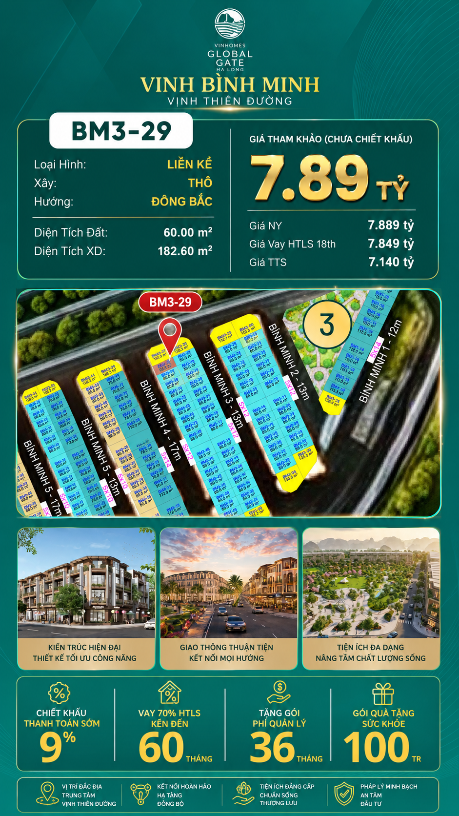 Nhà Phố Liền Kề BM3-29 Vinhomes Global Gate Hạ Long Xanh 7.89 tỷ