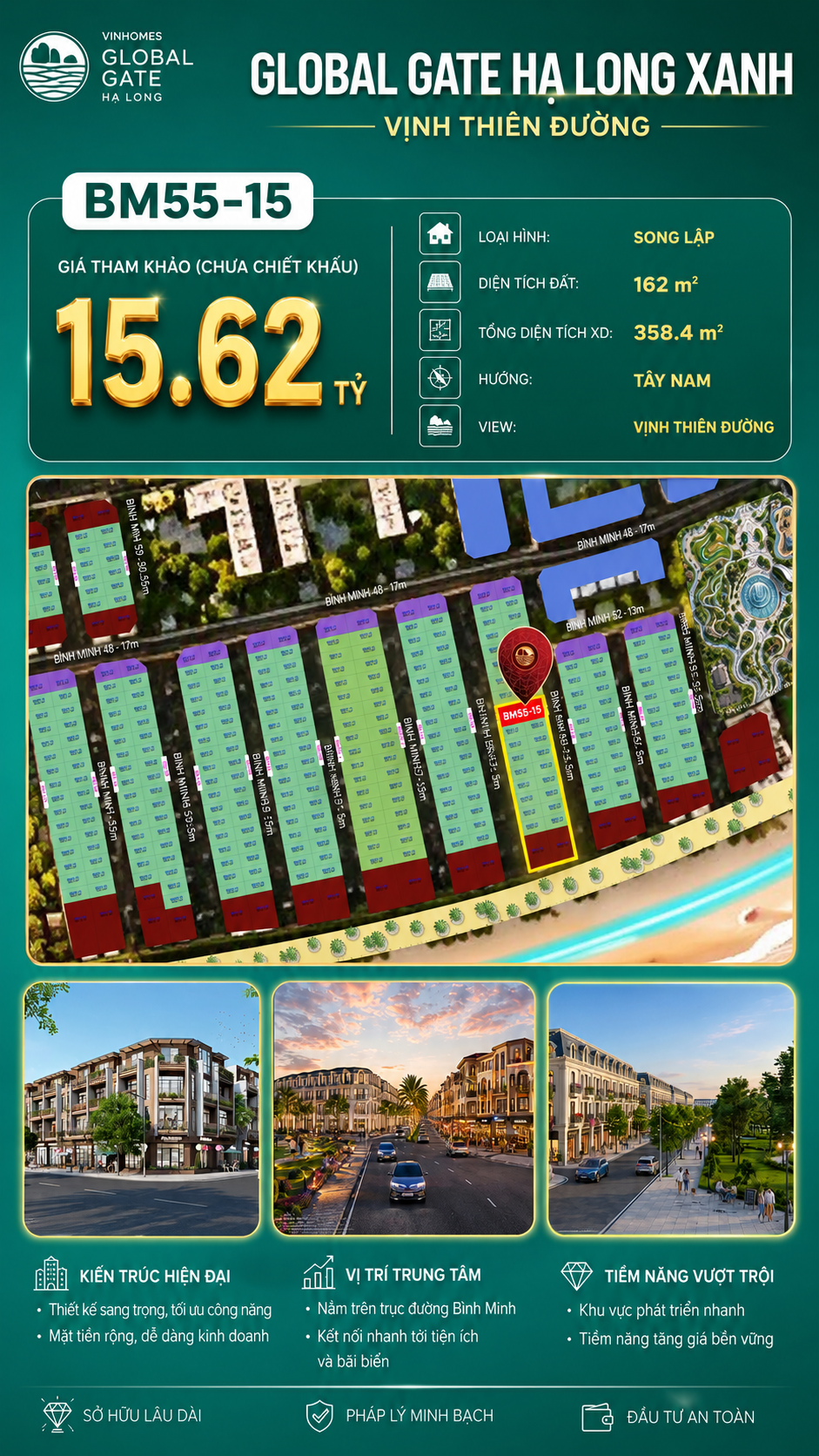 Biệt Thự Song Lập BM55-15 Vinhomes Global Gate Hạ Long Xanh 15.62 tỷ