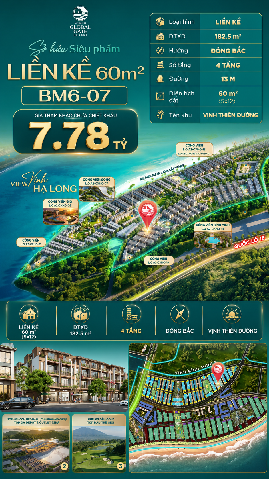 Nhà Phố Liền Kề BM6-07 Vinhomes Global Gate Hạ Long Xanh 7.78 tỷ
