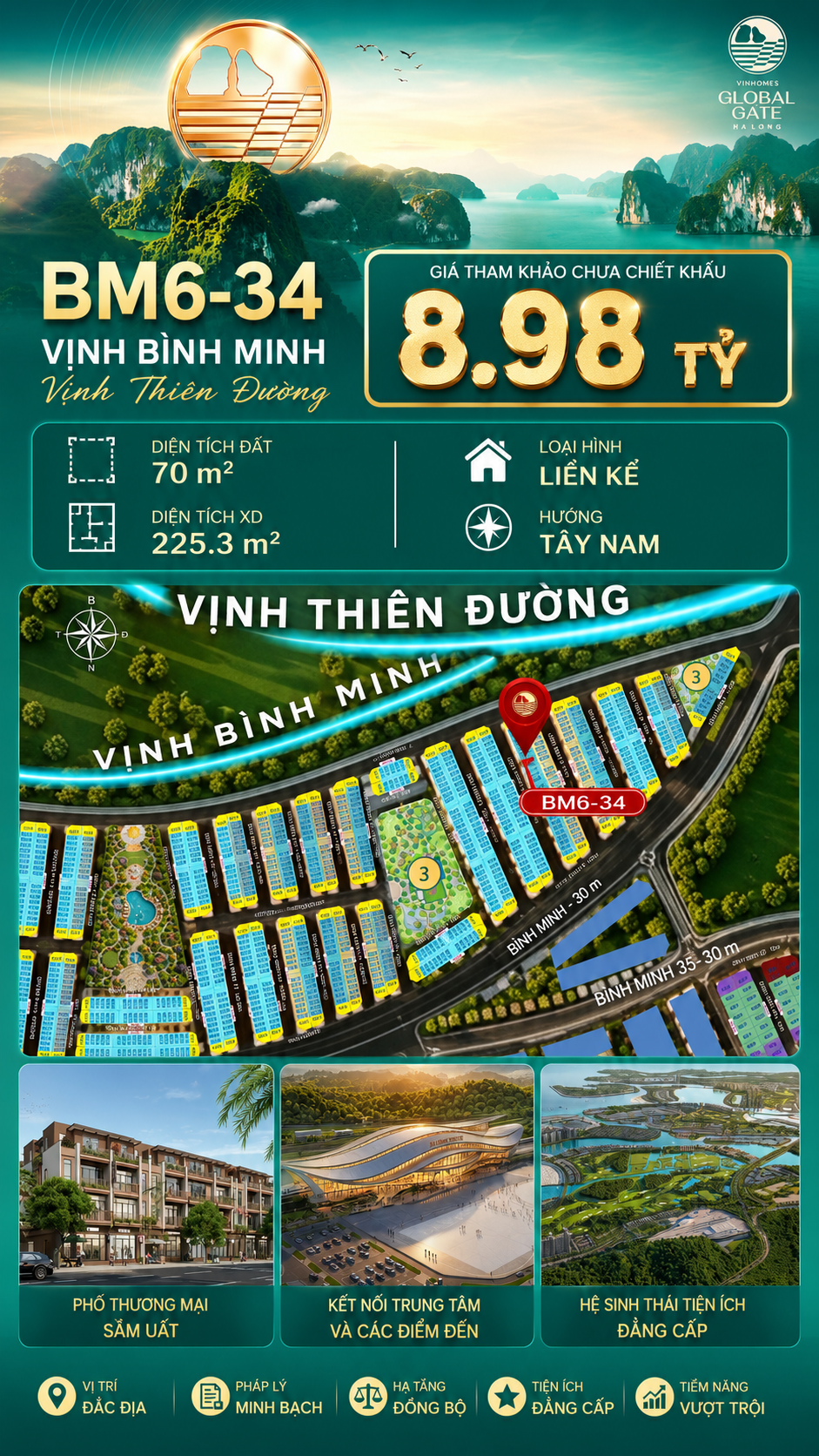 Nhà Phố Liền Kề BM6-34 Vinhomes Global Gate Hạ Long Xanh 8.98 tỷ