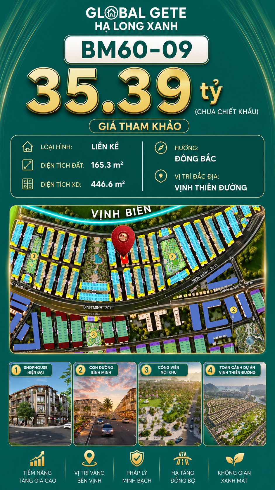 Nhà Phố Liền Kề Góc 2MT BM60-09 Vinhomes Global Gate Hạ Long Xanh 35.39 tỷ