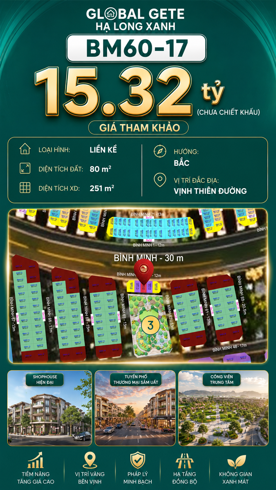 Nhà Phố Liền Kề BM60-17 Vinhomes Global Gate Hạ Long Xanh 15.32 tỷ