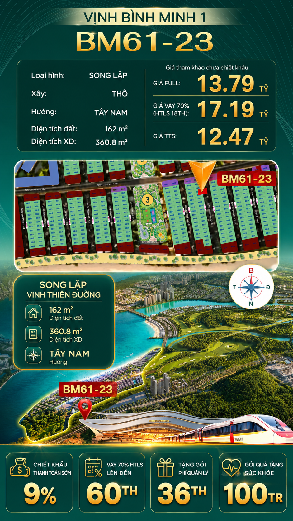 Biệt Thự Song Lập BM61-23 Vinhomes Global Gate Hạ Long Xanh 13.79 tỷ