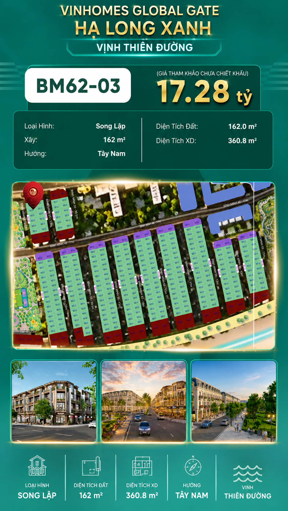 Biệt Thự Song Lập BM62-03 Vinhomes Global Gate Hạ Long Xanh 17.28 tỷ
