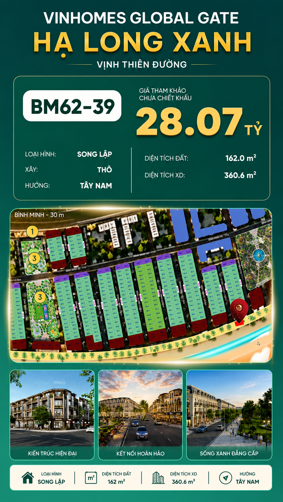 Biệt Thự Song Lập BM62-39 Vinhomes Global Gate Hạ Long Xanh 28.07 tỷ
