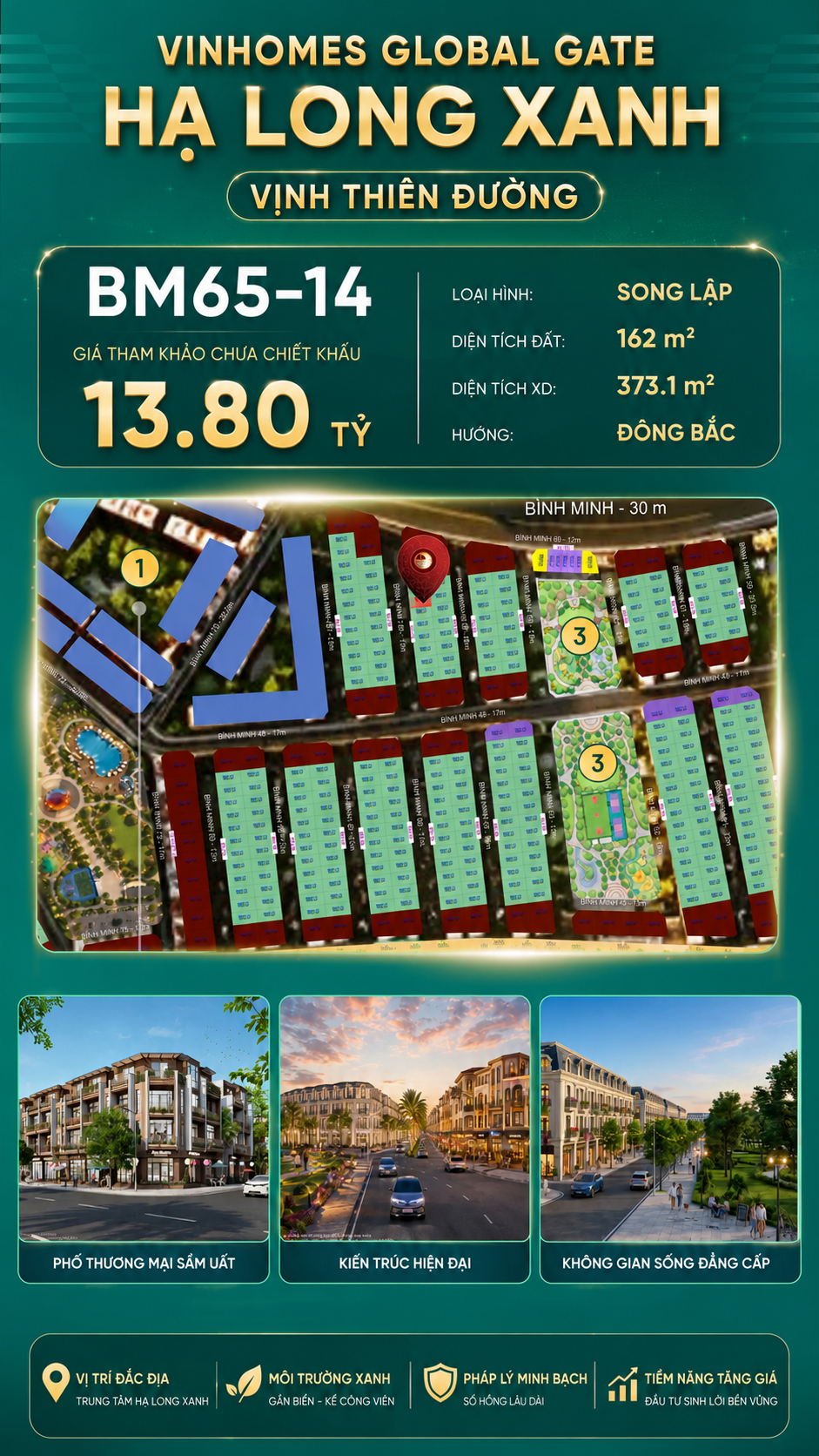 Biệt Thự Song Lập BM65-14 Vinhomes Global Gate Hạ Long Xanh 13.80 tỷ