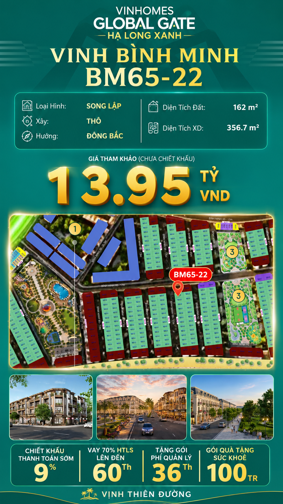 Biệt Thự Song Lập BM65-22 Vinhomes Global Gate Hạ Long Xanh 13.95 tỷ