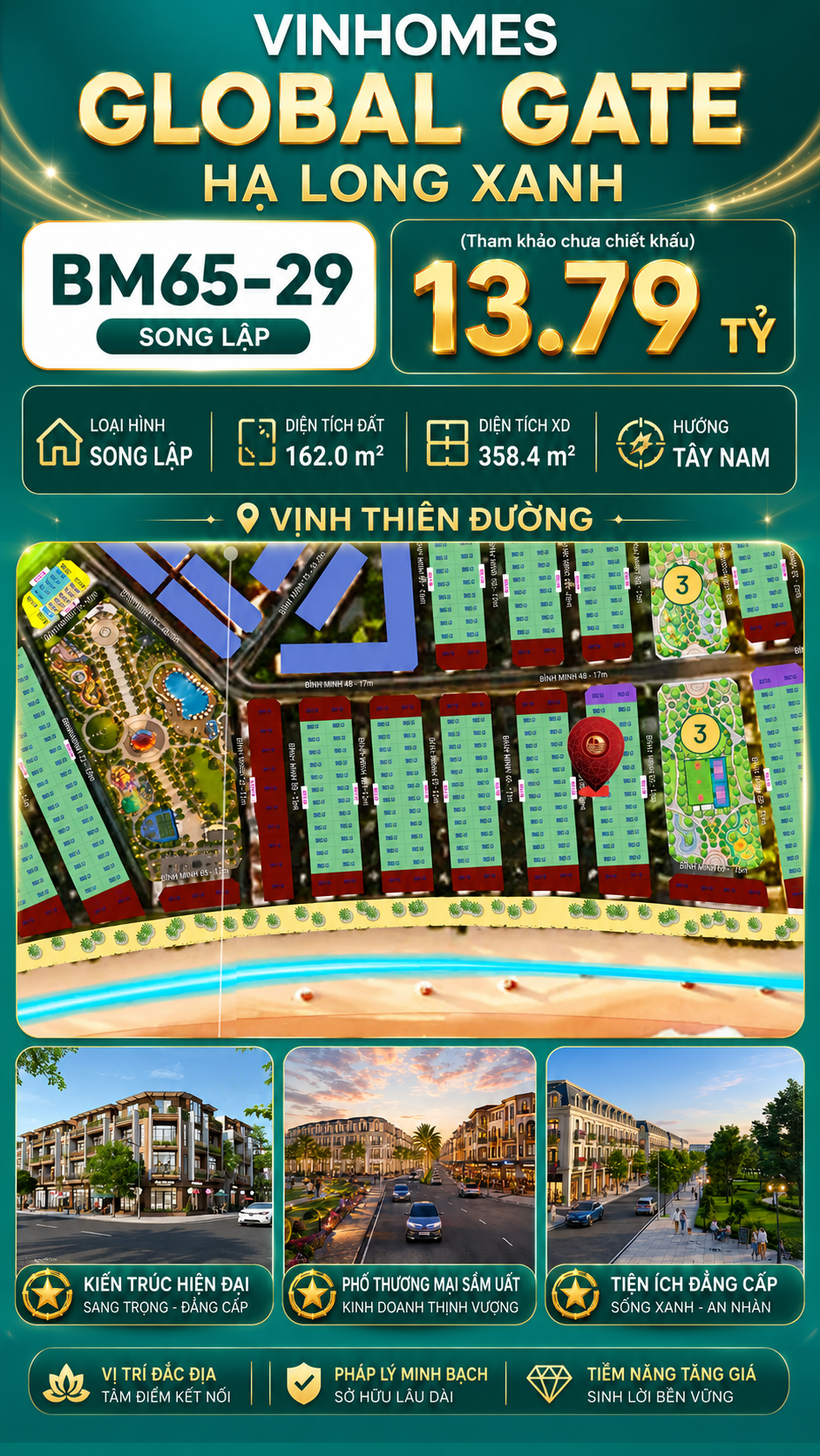 Biệt Thự Song Lập BM65-29 Vinhomes Global Gate Hạ Long Xanh 13.79 tỷ