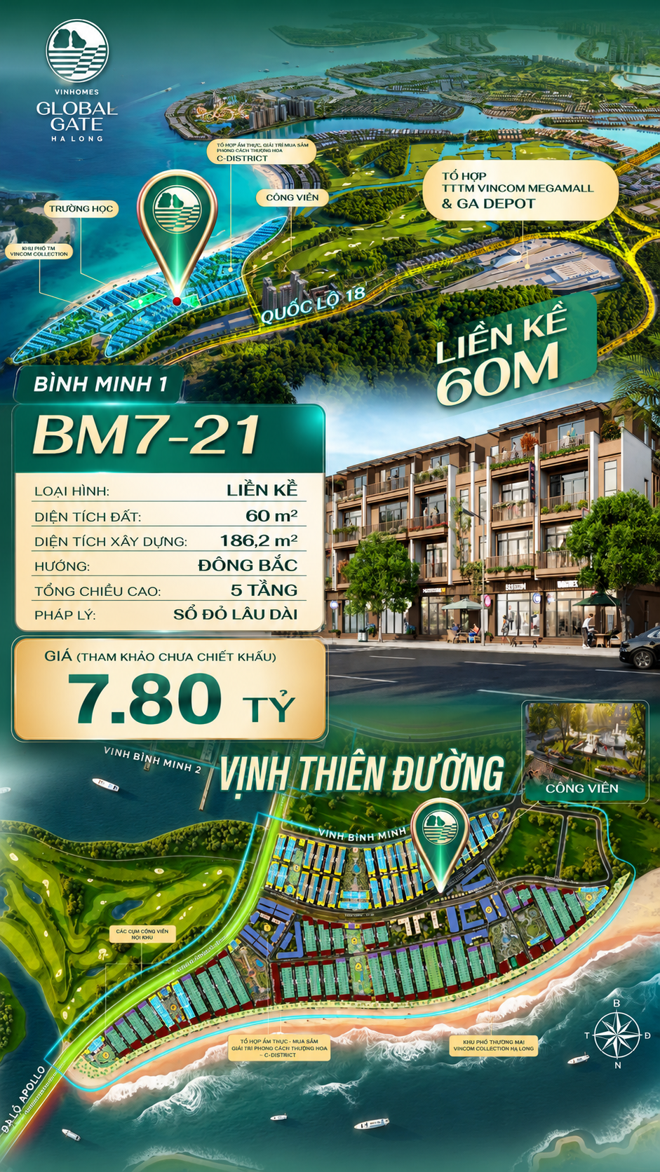 Nhà Phố Liền Kề BM7-21 Vinhomes Global Gate Hạ Long Xanh 7.80 tỷ