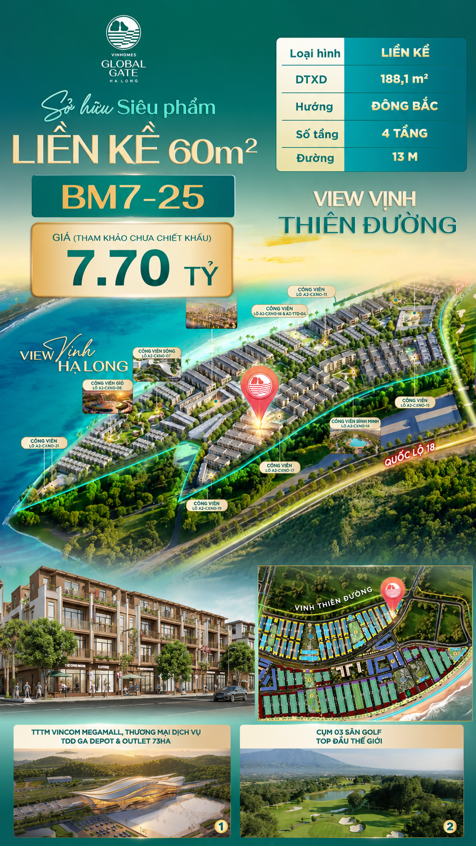 Nhà Phố Liền Kề BM7-25 Vinhomes Global Gate Hạ Long Xanh 7.70 tỷ