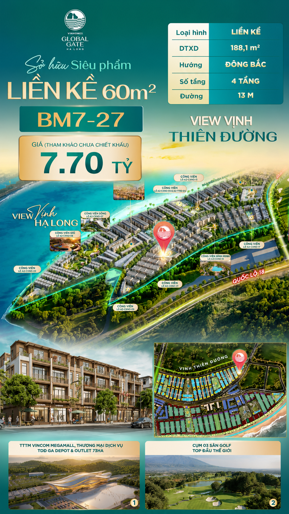 Nhà Phố Liền Kề BM7-27 Vinhomes Global Gate Hạ Long Xanh 7.70 tỷ