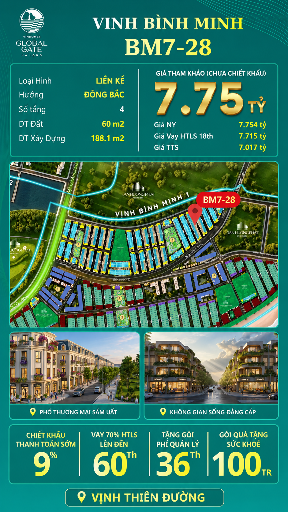 Nhà Phố Liền Kề BM7-28 Vinhomes Global Gate Hạ Long Xanh 7.75 tỷ