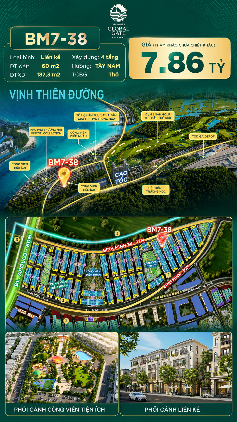 Nhà Phố Liền Kề BM7-38 Vinhomes Global Gate Hạ Long Xanh 7.86 tỷ