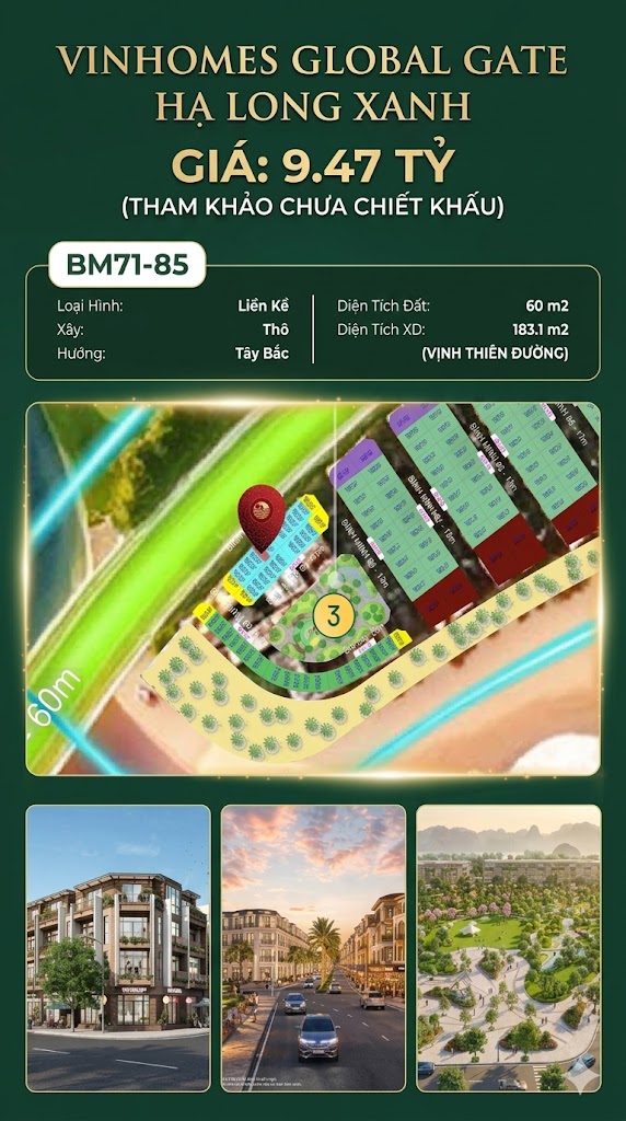 Liền Kề BM71-85 Vinhomes Global Gate Hạ Long Xanh 9.47 tỷ