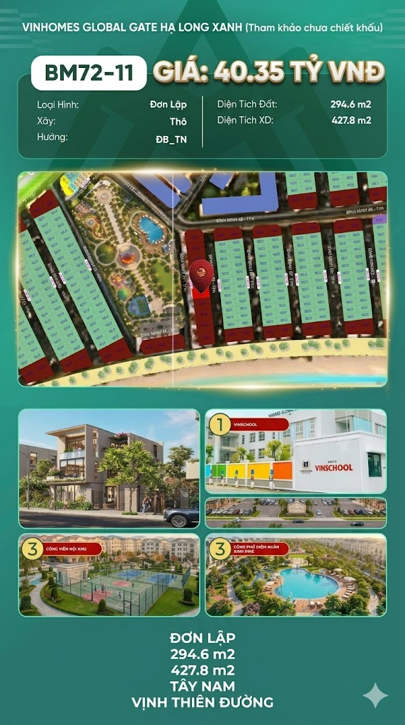 Biệt Thự Đơn Lập BM72-11 Vinhomes Global Gate Hạ Long 40.35 tỷ