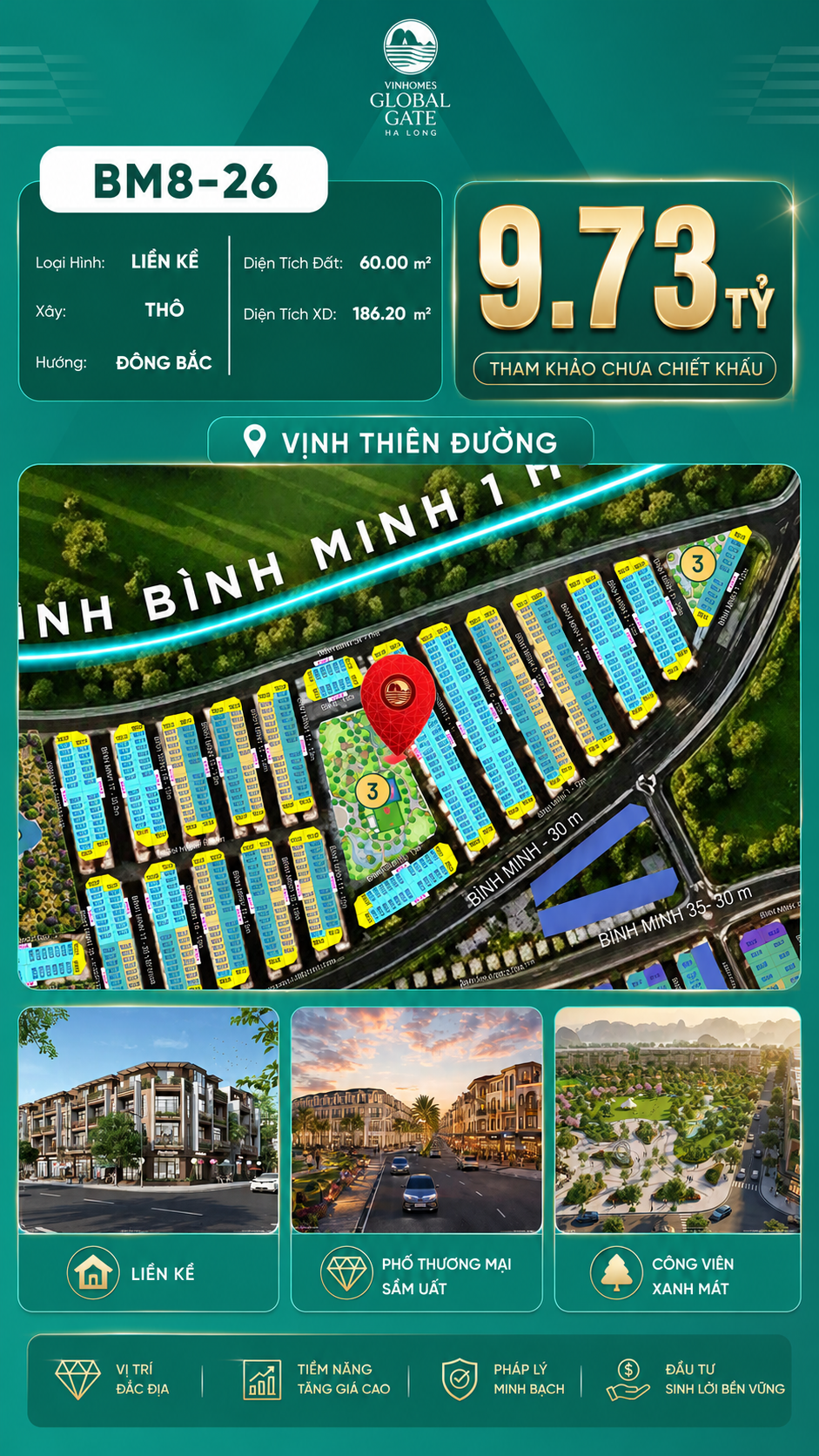 Nhà Phố Liền Kề BM8-26 Vinhomes Global Gate Hạ Long Xanh 9.73 tỷ
