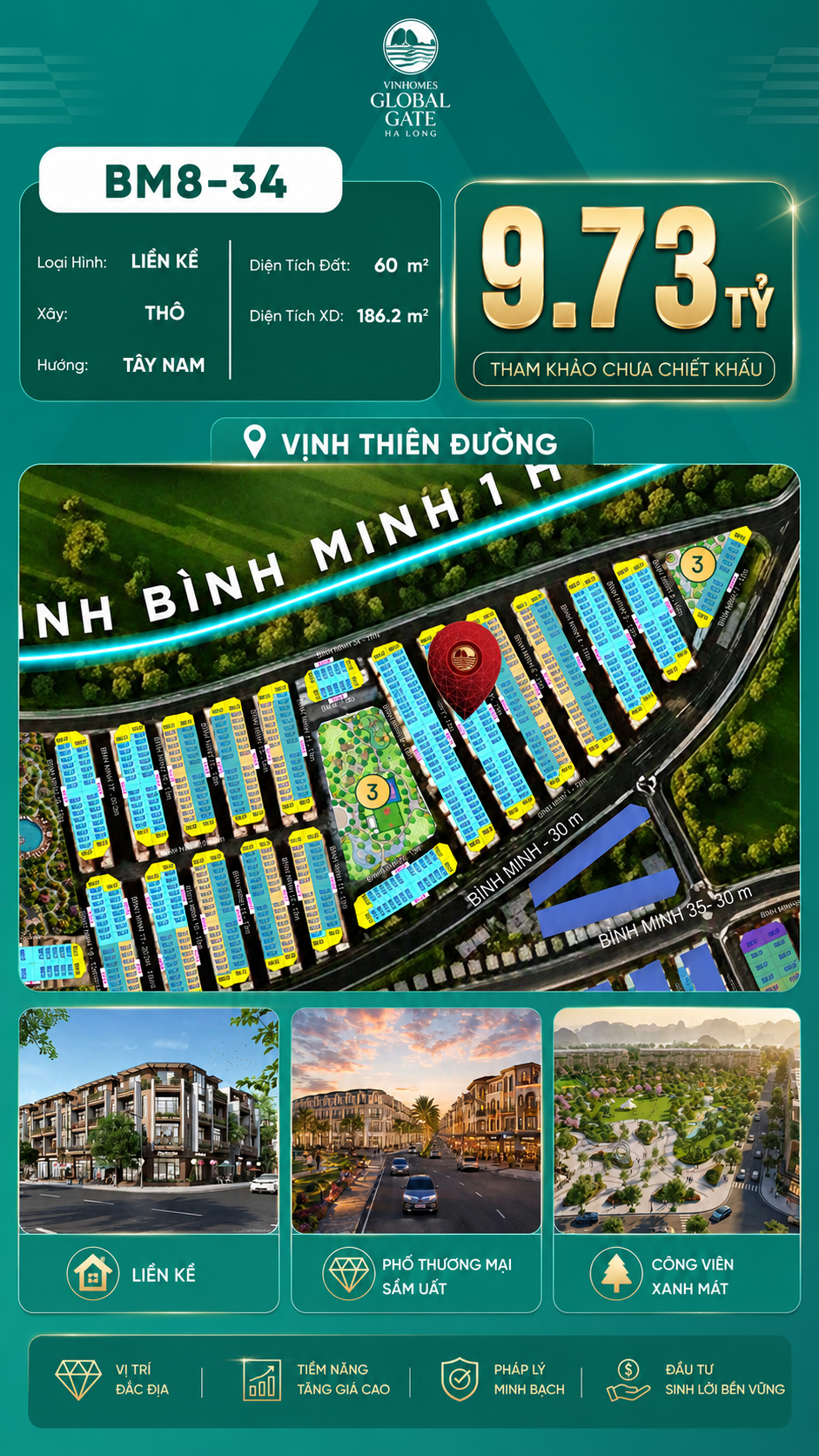 Nhà Phố Liền Kề BM8-34 Vinhomes Global Gate Hạ Long Xanh 9.73 tỷ