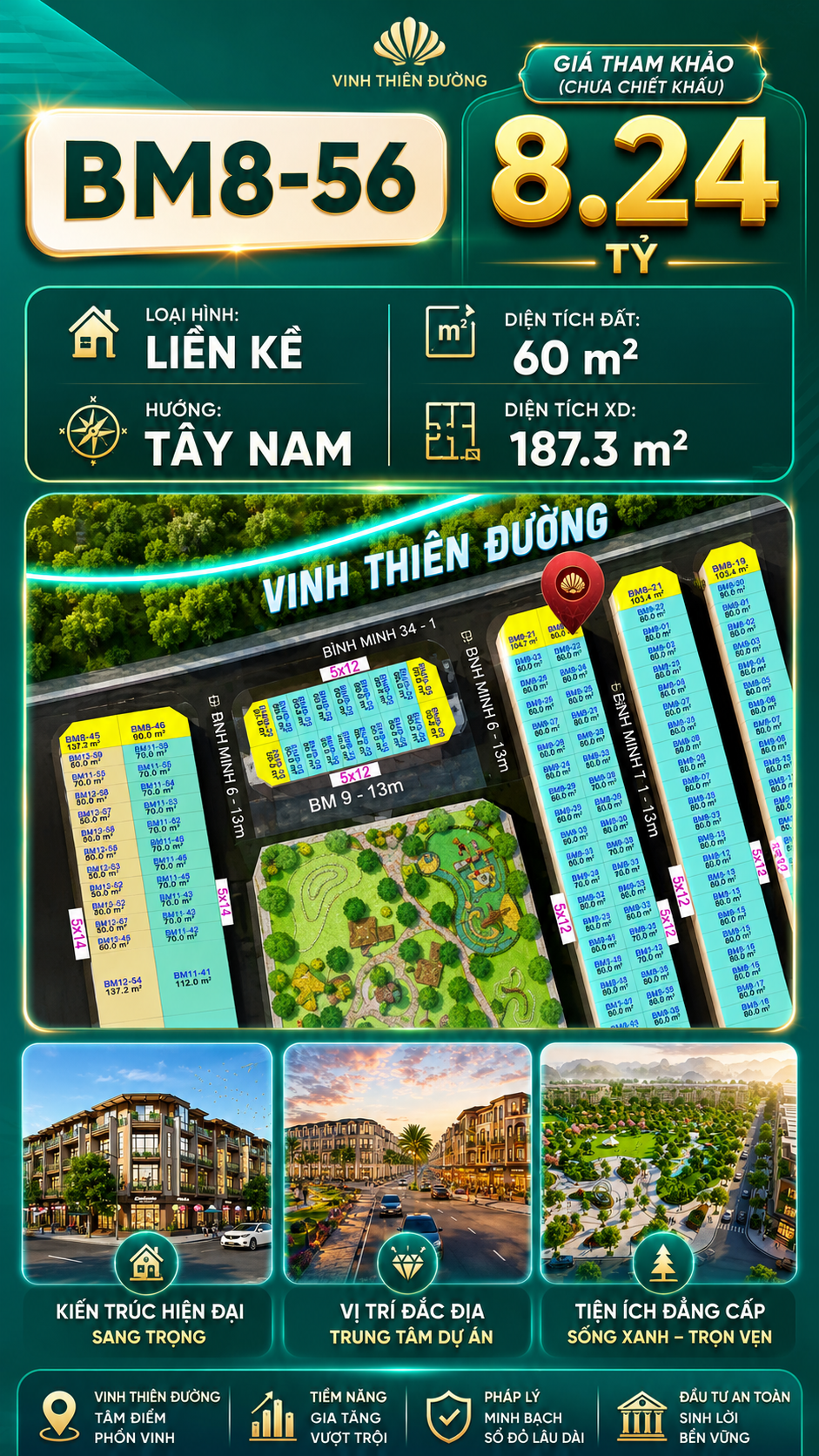 Nhà Phố Liền Kề BM8-56 Vinhomes Global Gate Hạ Long Xanh 8.24 tỷ